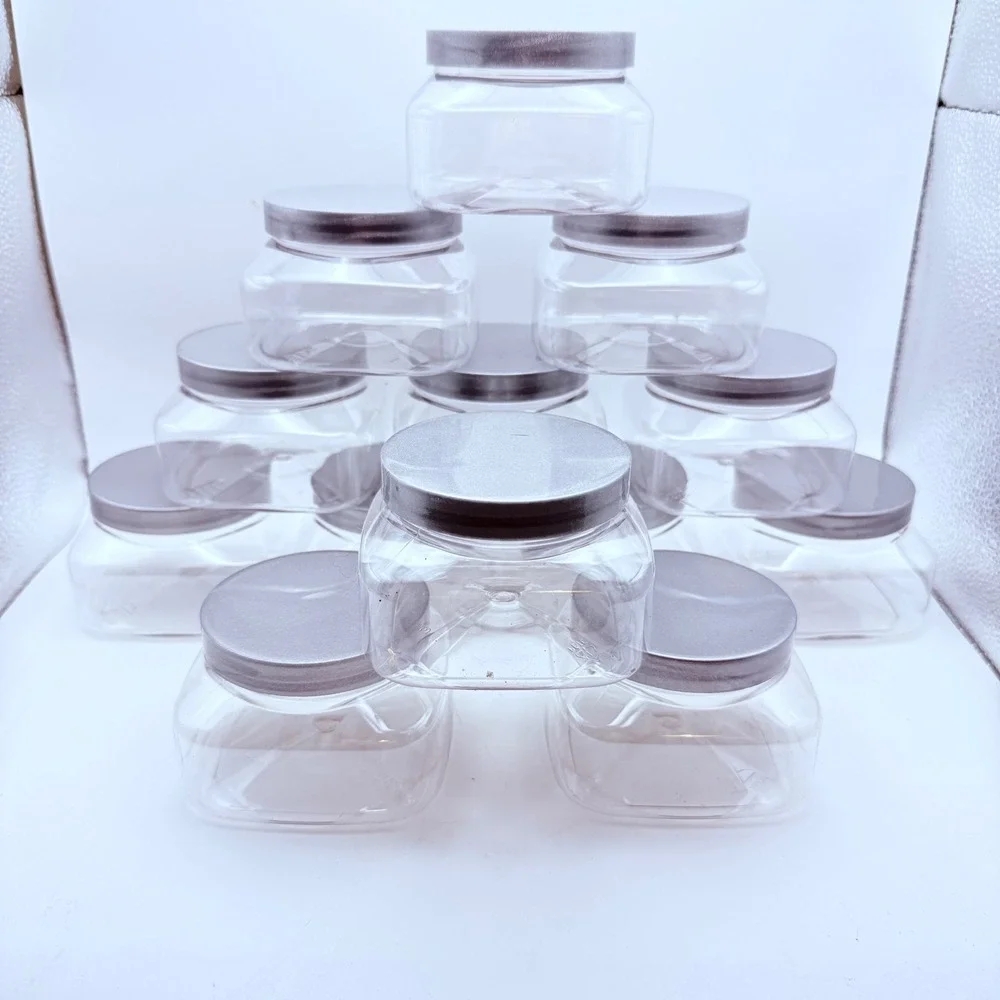 13 Clear Square Plastic Jars with Silver Lids 8oz Cosmetics Crafts Party Favors